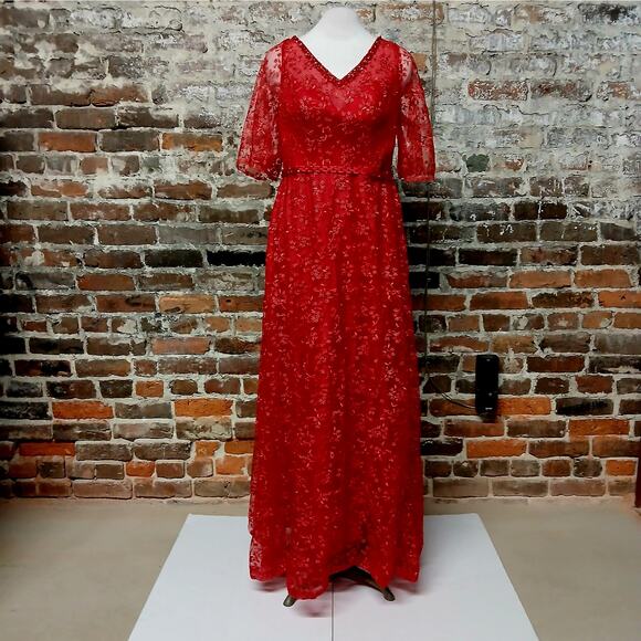 Womens Mother of the Bride Red Lace Evening Dress Medium Beaded Formal Gown - Picture 1 of 12